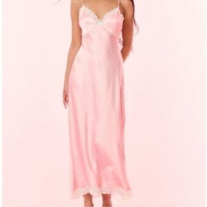 LoveShackFancy Pale Pink Polka Dot Satin Maxi Slip Dress with Lace Trim NWT